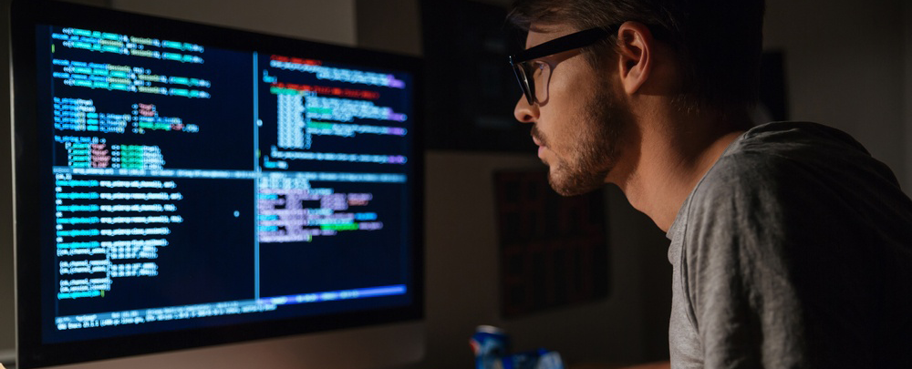 Profile of concentrated young software developer eating pizza and coding at home